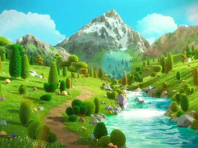 Cartoon Forest Road  River Scene 3D model