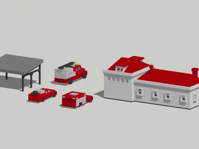 Country Fire Station with Fire Trucks by Outland Models Low-poly 3D model