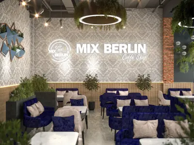 Modern Coffee Shop Interior and Exterior 3D Scene 3D model