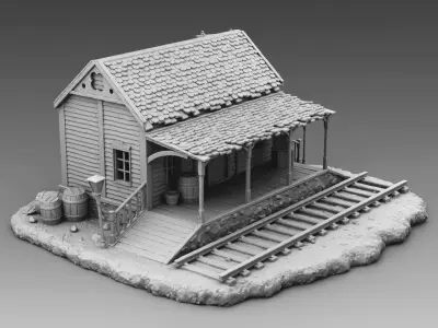 Station train with tracks and house 3D print model