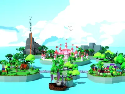 Cartoon island village T2 Low-poly 3D model