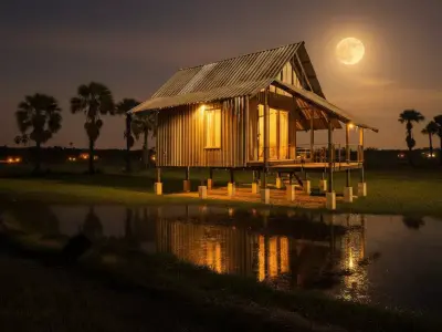 Rustic Tropical Stilt Cabin - Corrugated Metal Roof Low-poly 3D model