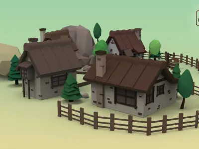 Low Poly Mountain Village Low-poly 3D model
