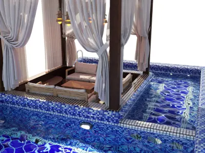 Pool with wooden gazebo 3D model