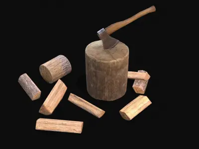 Axe stand and wood logs Low-poly 3D model