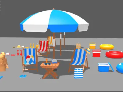 beach toys surfboard sunbath sand castle Viewing coconut trees Low-poly 3D model