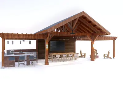 Rustic Timber Pavilion with Outdoor Kitchen 3D model
