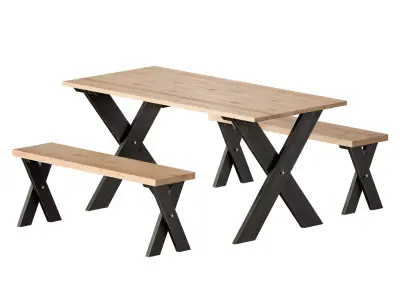 Wooden picnic table with benches 3D model