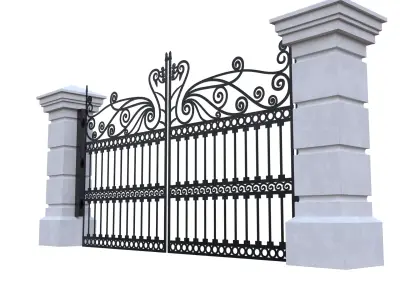 Classic Wrought Iron Entrance Gate 3D Model with Stone Columns Low-poly 3D model