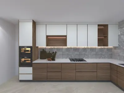 Kitchen 3D modern with cabinets and wooden counter tops 3D model