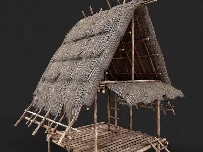 Primitive Wooden Shelter with Thatch Roof 1  Low-poly 3D model