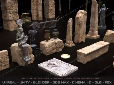 Ancient Egypt Ruins and Oasis Decor Set 3D model