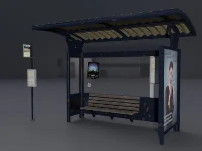 Bus station with timetable pole PBR  3D model