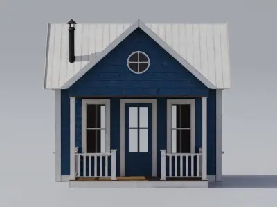 A white and blue wooden tiny house with a small porch Low-poly 3D model
