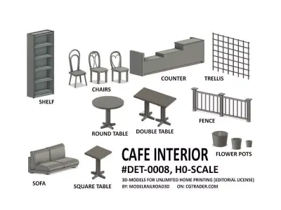 DET-0008 Cafe interior set 16 items H0-scale 3D print model