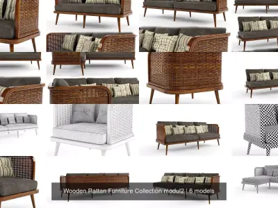 Wooden Rattan Furniture Collection modul2 3D Model Pack