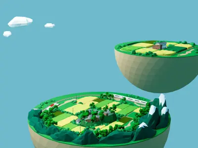 Rural landscape and low poly trees Low-poly 3D model