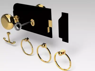 Vintage Internal Door Handle And Lock  and pull rings 3D model