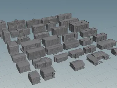 Many buildings low poly with texture  Low-poly 3D model