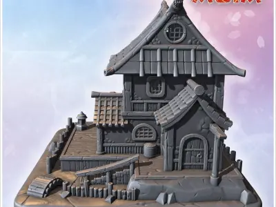Traditional Japanese house with steep roof wooden beams and smal 3D print model