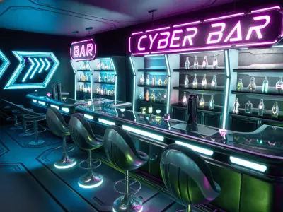 Cyber bar sci fi furniture and neon signs Low-poly 3D model