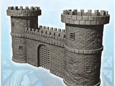 Medieval fortified entrance with double towers and metal portcul 3D print model
