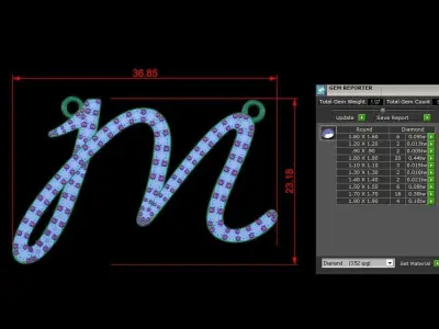 M Letter 3D print model gold charm with diamonds 3D print model