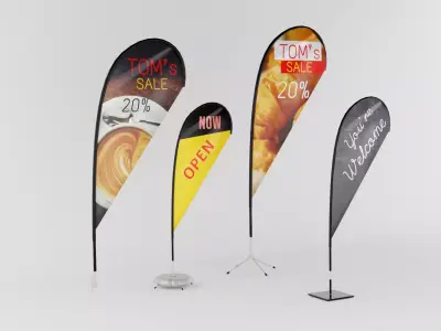 4 Types of advertising Teardrop flags banners restaurant scene 3D model