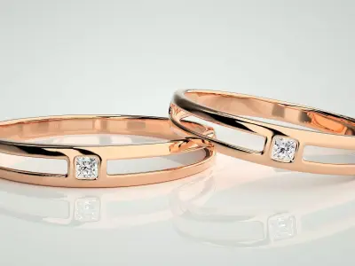 Thin Light wt Solitaire Princess Couple Band Ring 3dm stl render 3D print model