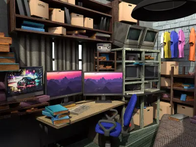 Stylised Hacker computer bedroom UE5 Low-poly 3D model