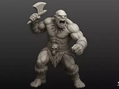 Ogre Warrior Axe Raised Statue Low-poly 3D model