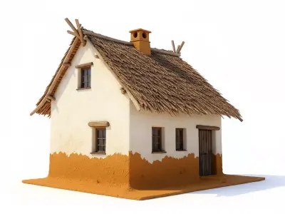 Traditional Rural House with Whitewashed Walls and Thatched Roof Low-poly 3D model