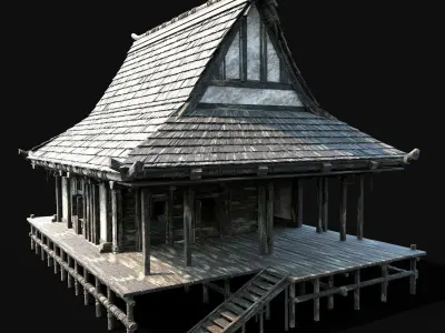 JAPAN CHINESE FEUDAL HOUSE DOJO ASIAN HUT CABIN VILLAGE SAMURAI Low-poly 3D model