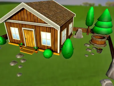 Set of stylized house bushes trees well stones fence PBR Low-poly 3D model