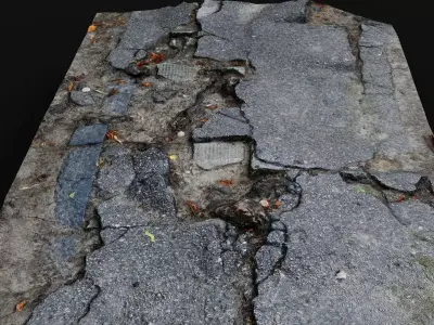 road destroyed asphalt concrete debris PBR photogrammetry 3D model
