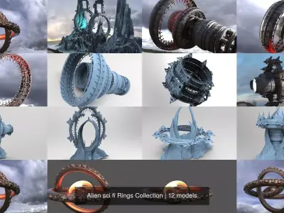 Alien sci fi Rings Collection 3D Model Pack