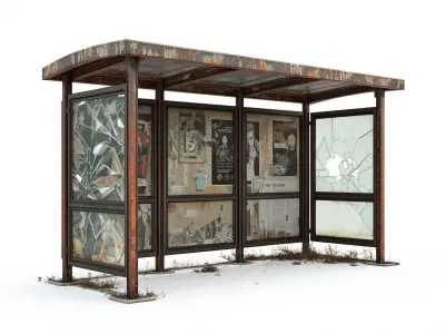 Abandoned Bus Stop Shelter 3D Model Urban Ruin Low-poly 3D model
