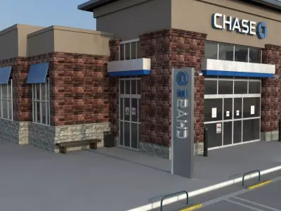 Chase Bank and parking lot - Realistic and PBR Low-poly 3D model