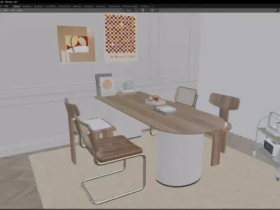 Japandi Dining Area with Minimal Wooden Table 3D model