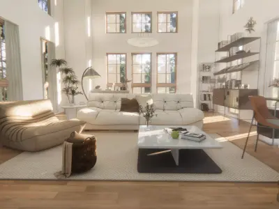 Livingroom modern living room with high ceilings and windows 3D model