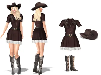 Cowgirl Mini Dress Boot Hats Outfit Low-poly 3D model