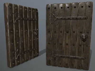 door set two wooden doors on stone wall Low-poly 3D model