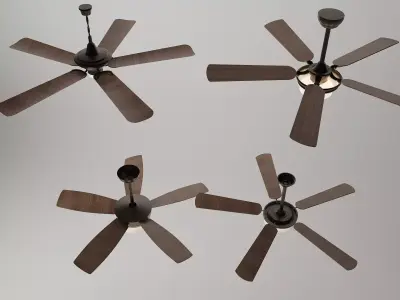Modern Dark Wood 5-Blade Ceiling Fan Set 3D model