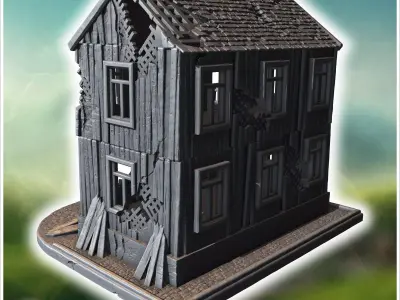 Damaged two-story wooden building with collapsed balcony broken  3D print model