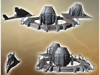 Futuristic escape pod with a satellite communication dishes on r 3D print model