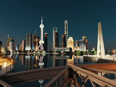 Shanghai Pudong Skyline Night Lujiazui Skyscrapers Low-poly 3D model