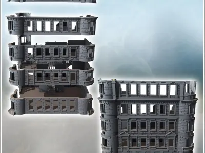 Building with rounded corners and brick walls destroyed version  3D print model