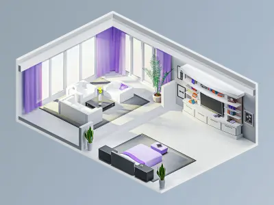 Room 9 living with curtains Low-poly 3D model