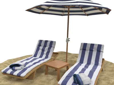 Beach umbrella and chaise longue 3D model