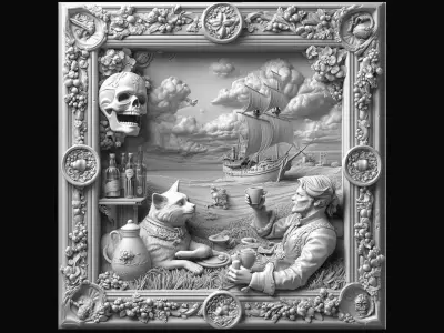 Bar Scene Relief with Cat and Gentleman 3D print model